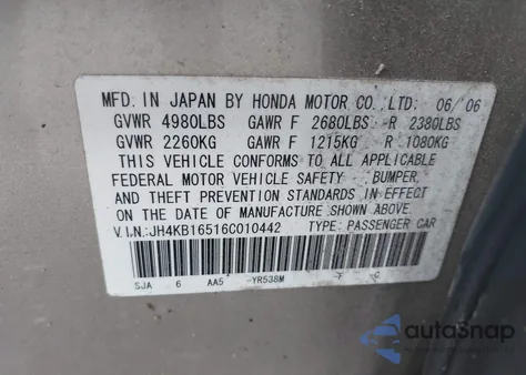 2006 Acura Rl 3.5 из США, поврежденный, VIN JH4KB16516C010442